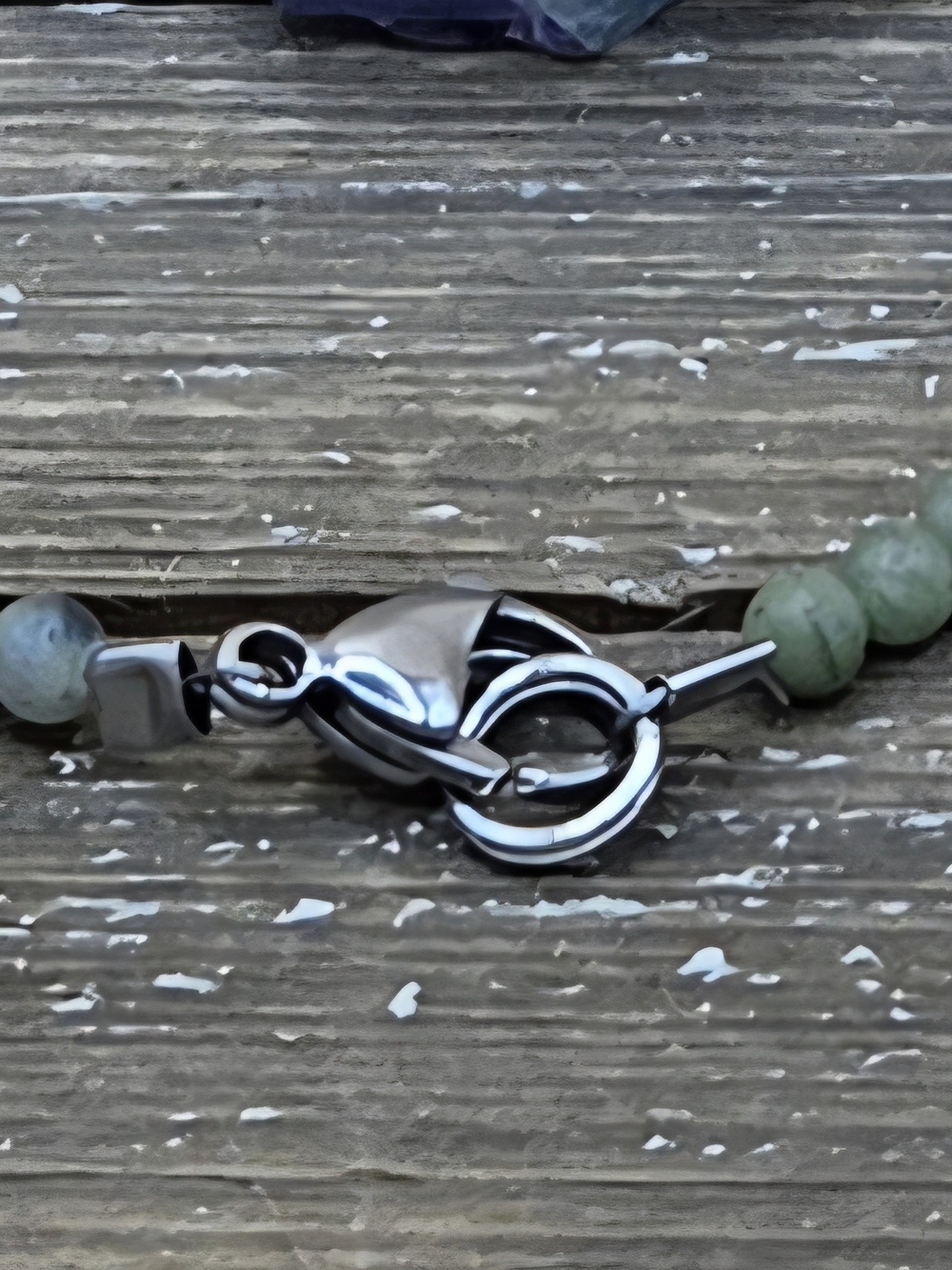 Green Jade, Plum Blossom Jasper and Stainless Steel Necklace with Chai Pendant - Picture 4 of 6